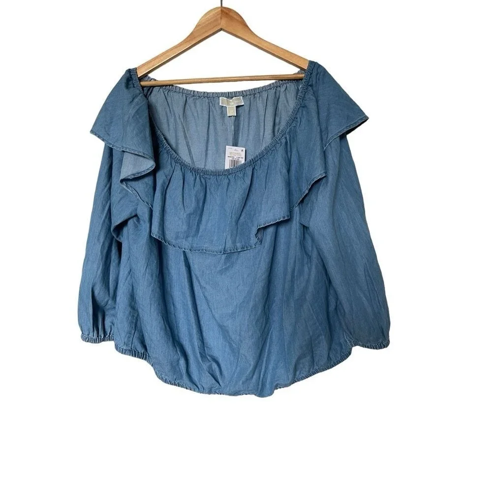 Michael Kors Top Womens 2X Off-the-shoulder Light Blue Ruffle Chambray NEW